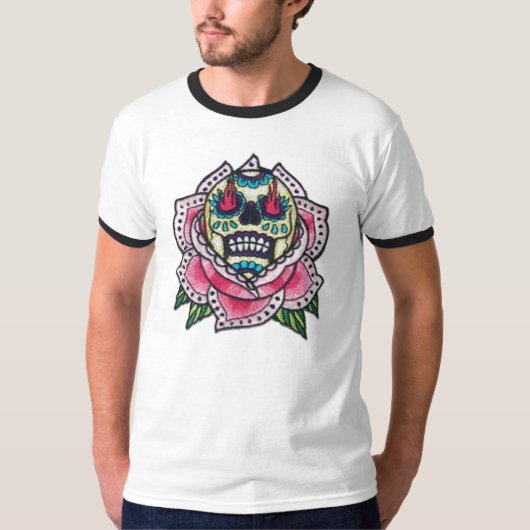 火およびはすが付いている砂糖のスカル Tシャツ (正面)