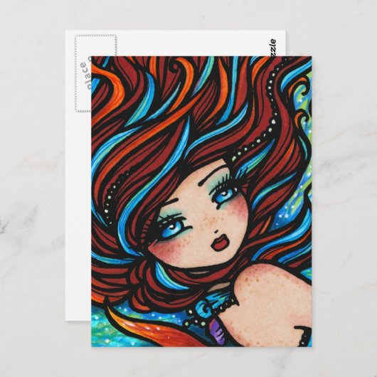 火と氷の赤い頭マーメイド水中ファンタジー ポストカード (正面/裏面)