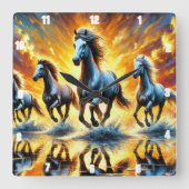 火に囲まれたギャロピング馬 スクエア壁時計 (正面)