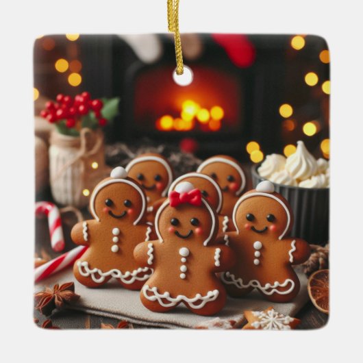 火のそばのジンジャーブレッド一家 セラミックオーナメント (正面)