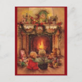 火のそばのヴィンテージのクリスマスの子供 シーズンポストカード (正面)