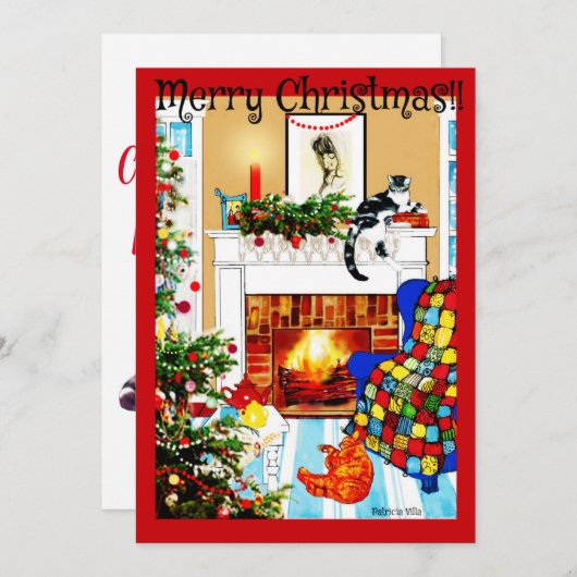 火ののまわりにクリスマスカードと猫の居心地の良い暖炉 シーズンカード (正面/裏面)