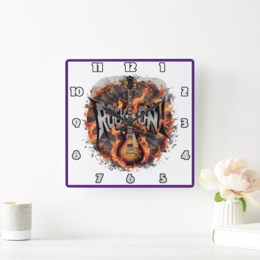 火のようなエレキギターがロックスピリットに点火する スクエア壁時計 (ホーム)