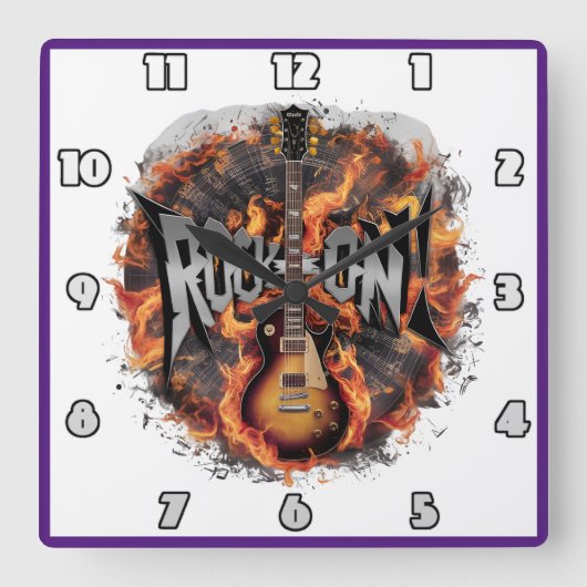 火のようなエレキギターがロックスピリットに点火する スクエア壁時計 (正面)