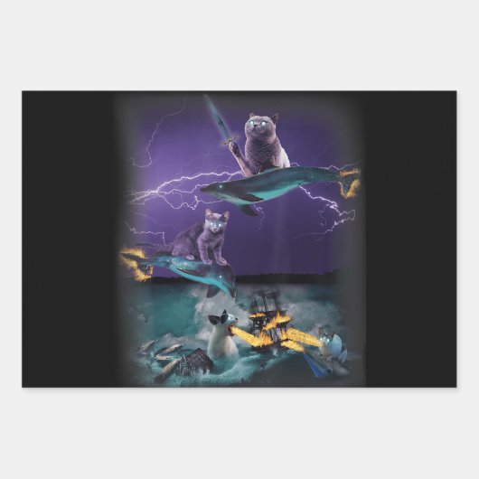 火のイルカが海に舞う猫 ラッピングペーパーシート (正面)