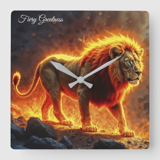 火のライオンの地獄の風景の燃え盛るマネアート スクエア壁時計 (正面)