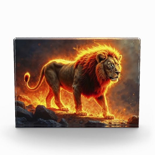 火のライオンの地獄の風景の燃え盛るマネアート フォトブロック (正面)