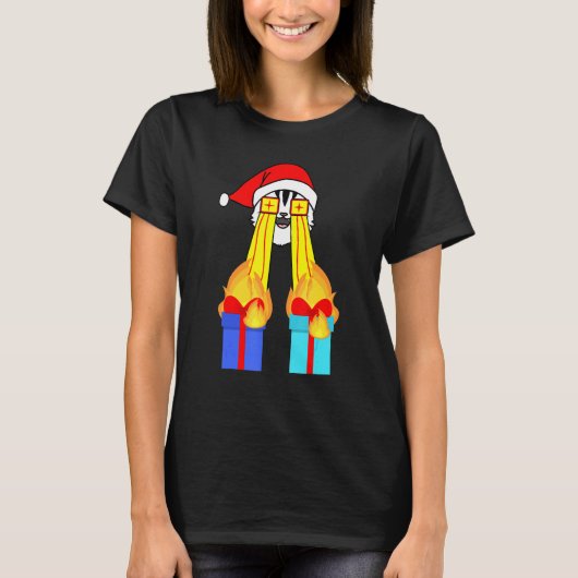 火のレーザー猫サンタおもしろいかわいい醜い男の子の女の子Chri Tシャツ (正面)