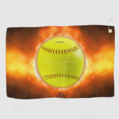 火の上に滑りやすいジョーのソフトボール炎のファイアボールラス ゴルフタオル (横)