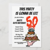 火の上の50th誕生日パーティーケーキMIlestone写真 招待状 (正面)