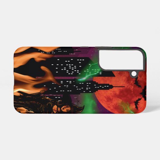 火の不気味魔女の街並み赤い月ハロウィーン SAMSUNG GALAXYケース (裏面横)