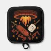 火の中に入ろう – かわいいマシュマロ&ホットドッグ 鍋敷き (正面)