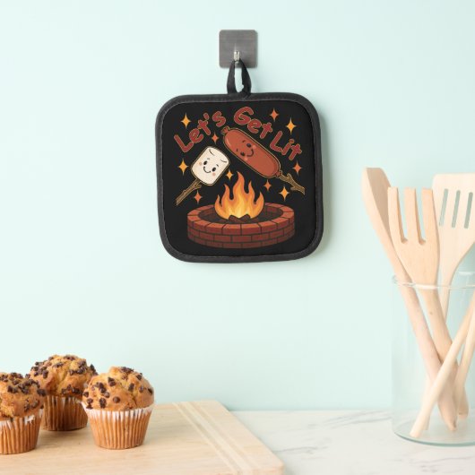 火の中に入ろう – かわいいマシュマロ&ホットドッグ 鍋敷き (インサイチュ (吊り下げ))