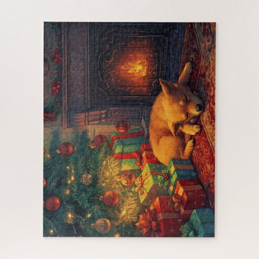 火の付いた暖炉で眠っているかわいい子犬 ジグソーパズル (縦)