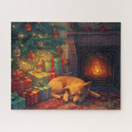 火の付いた暖炉で眠っているかわいい子犬 ジグソーパズル