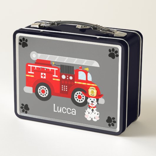 火の子犬と彼の消防車の金属の弁当箱 メタルランチボックス (裏面)