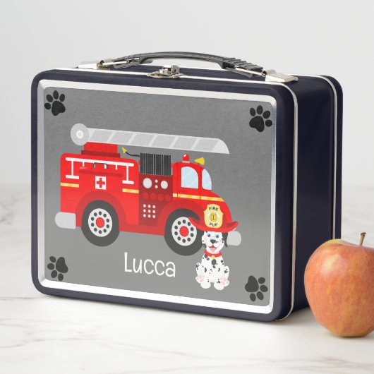 火の子犬と彼の消防車の金属の弁当箱 メタルランチボックス (インサイチュ)