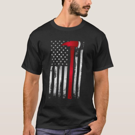 火の戦いのための薄い赤線アメリカ国旗の斧 Tシャツ (正面)