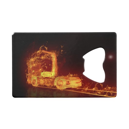 火の燃える赤いトラック クレジットカード栓抜き (正面(横))