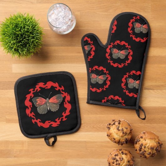 火の輪の中の赤い蝶 – パスのシンボル 鍋つかみ&鍋敷きセット (トップダウン)