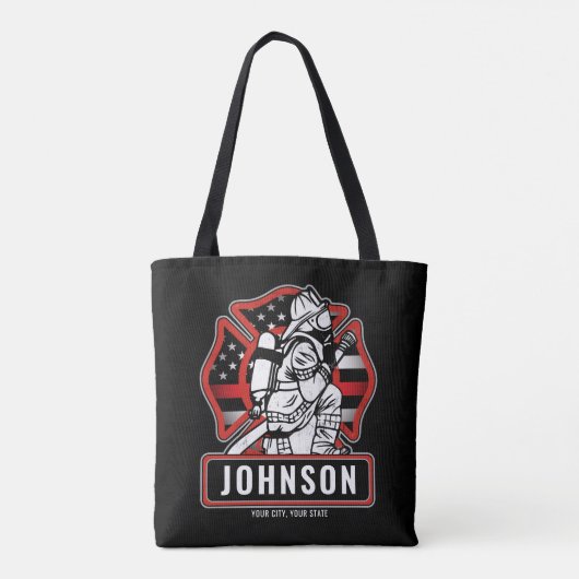 火パーソナライズされた軍消防団愛国国旗 トートバッグ (裏面)