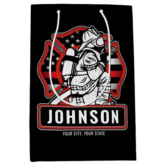 火パーソナライズされた軍消防団愛国国旗  ミディアムペーパーバッグ (正面)