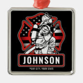 火パーソナライズされた軍消防団愛国国旗 メタルオーナメント (正面)