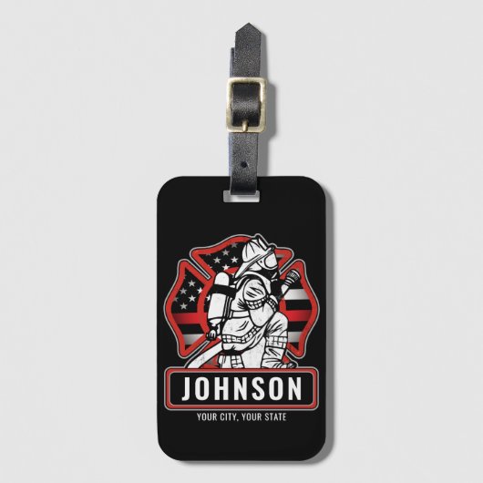 火パーソナライズされた軍消防団愛国国旗 ラゲッジタグ (正面縦)