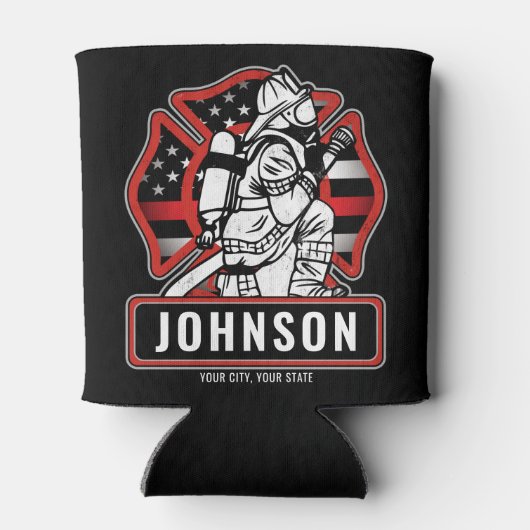 火パーソナライズされた軍消防団愛国国旗 缶クーラー (裏面)