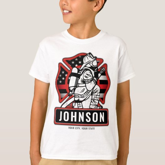 火パーソナライズされた軍消防団愛国国旗 Tシャツ (正面)