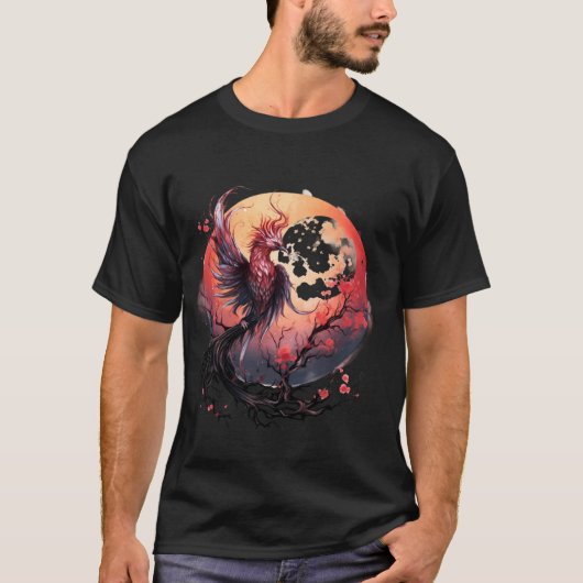 火フェニックスバードムーン桜ツリー神話の鳥P Tシャツ (正面)