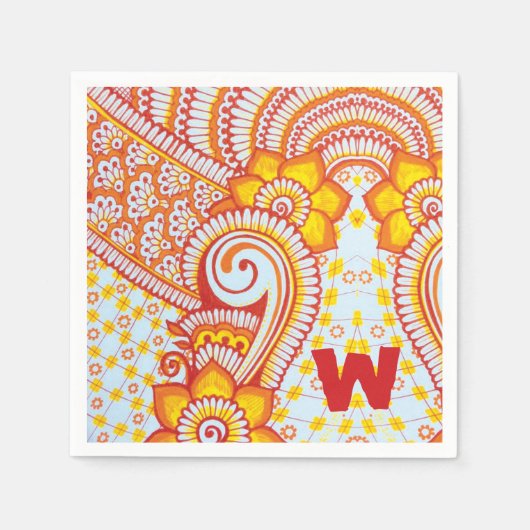 火ホット赤オレンジ黄色ボホフローラルパターン スタンダードカクテルナプキン (正面)