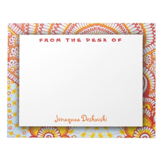 火ホット赤オレンジ黄色ボホフローラルパターン ノートパッド (正面)