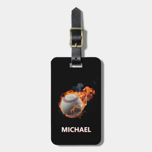 火モダンパーソナライズされた付きトレンディー野球ボール ラゲッジタグ (正面縦)