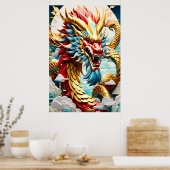 火吹きドラゴンレッド・ブルーと金ゴールド はかりで測 ポスター (キッチン)