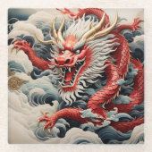 火吹きドラゴン赤と白スケール ガラスコースター (正面)