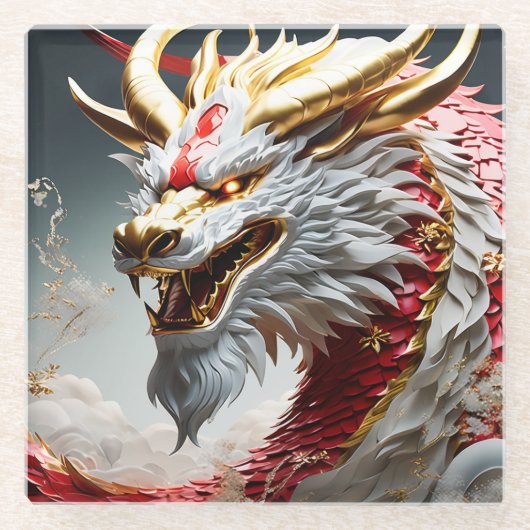 火吹き竜の赤と金ゴールド はかりで測 ガラスコースター (正面)