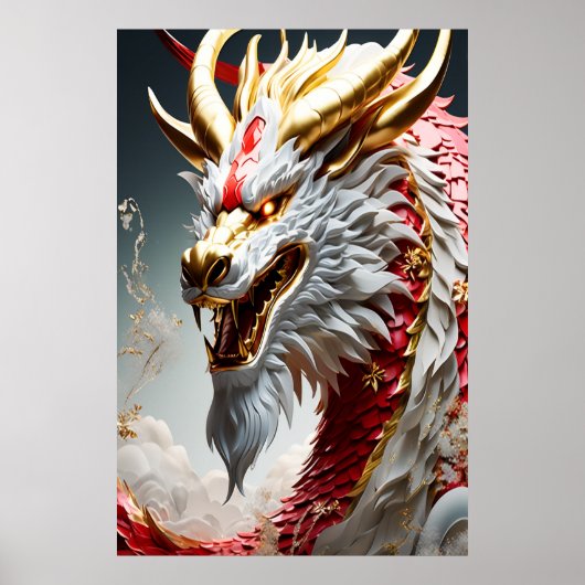 火吹き竜の赤と金ゴールド はかりで測 ポスター (正面)