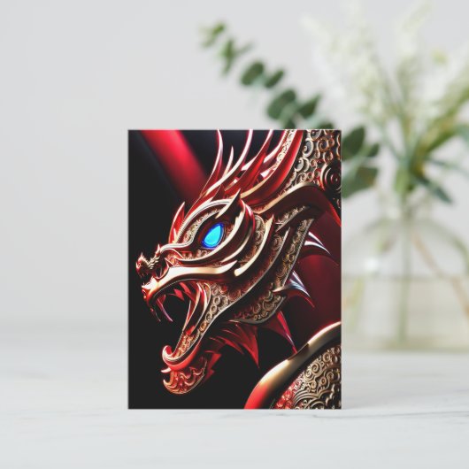 火吹き竜の赤と金ゴールド はかりで測 ポストカード (スタンド正面)