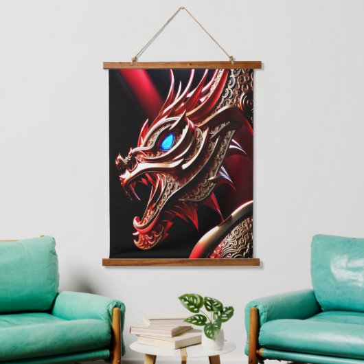 火吹き竜の赤と金ゴールド はかりで測 吊り下げ型タペストリー (リビング)