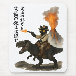 火山と恐竜にまたがるエピックな黒猫カウボーイ マウスパッド
