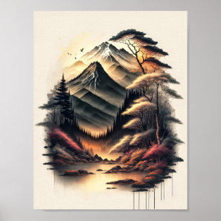 火山のある日本風景の墨絵 ポスター