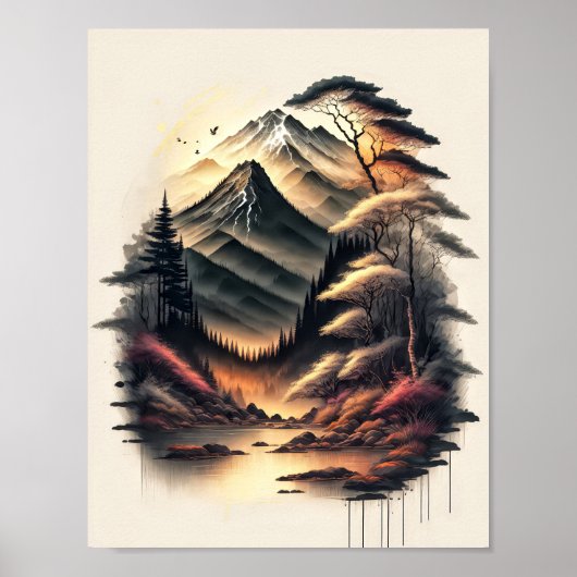 火山のある日本風景の墨絵 ポスター (正面)