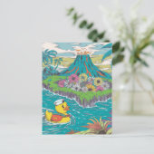 火山の前にひろがる愛らしいゴムアヒル ポストカード (スタンド正面)