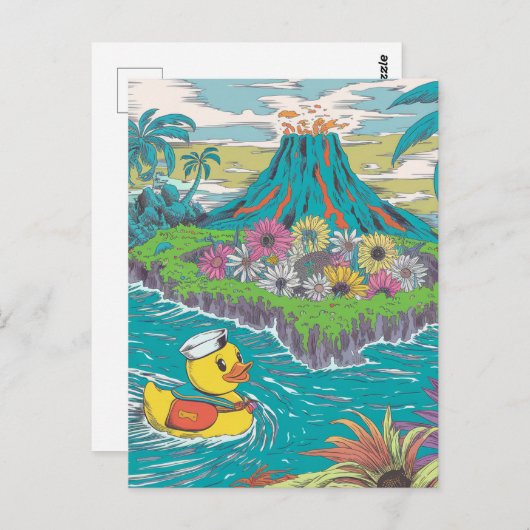 火山の前にひろがる愛らしいゴムアヒル ポストカード (正面/裏面)