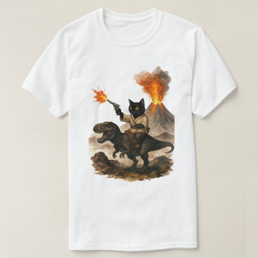 火山を持つ恐竜に乗る壮大な黒猫カウボーイ Tシャツ (デザイン正面)