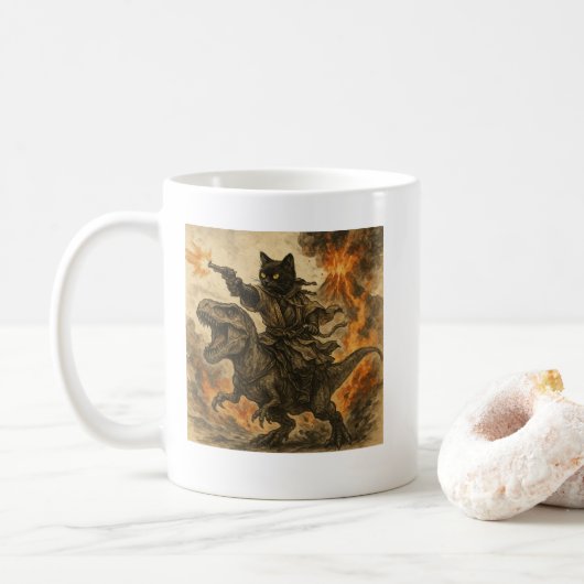 火山噴火の中の恐竜に乗る侍猫 コーヒーマグカップ (ドーナツ)