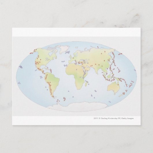 火山活動の場所を示す世界地図 ポストカード (正面)