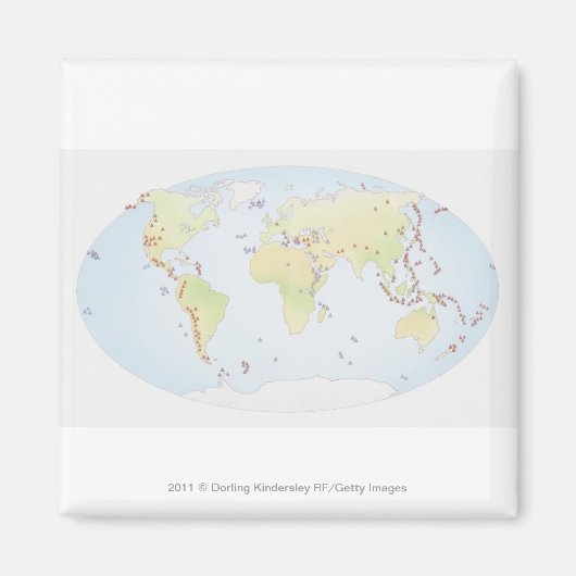 火山活動の場所を示す世界地図 マグネット (正面)