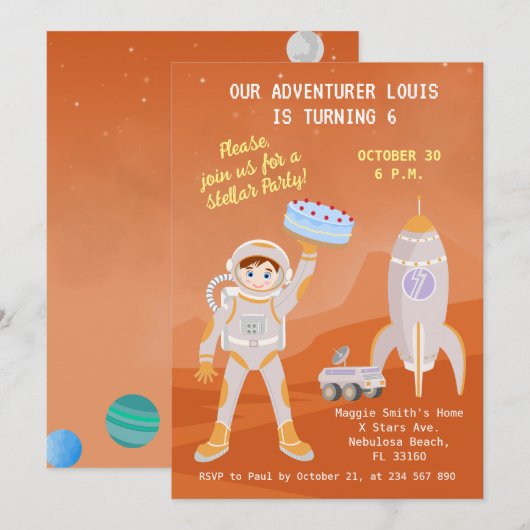 火星の宇宙飛行士の少年をテーマにした誕生日パーティー 招待状 (正面/裏面)